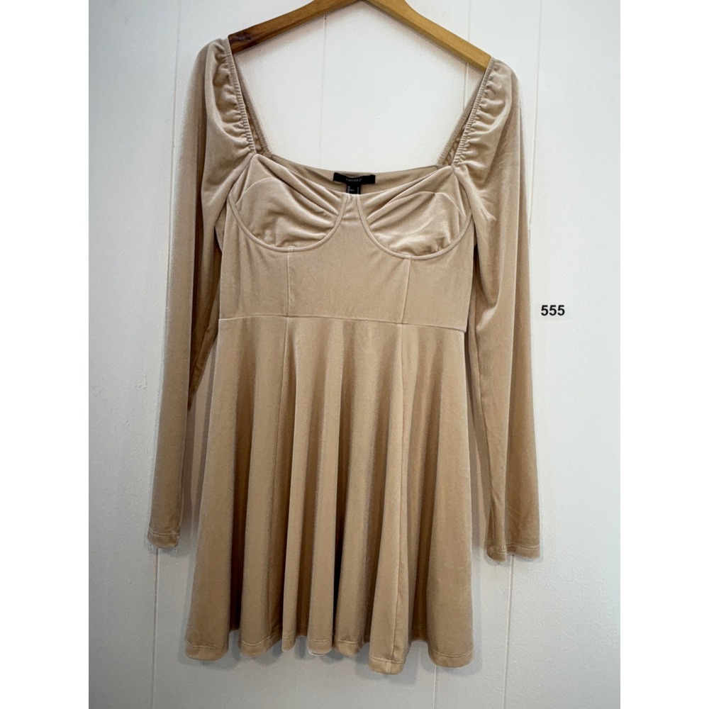Forever 21 Cream Velvet Bustier Skater Mini Dress Long Sleeve NWT Large